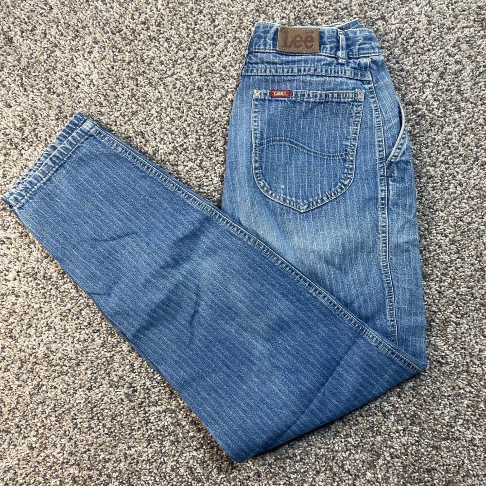 Vintage Lee Womens 26x30 Jeans Pinstripe High Rise Straight Leg Blue Denim Style